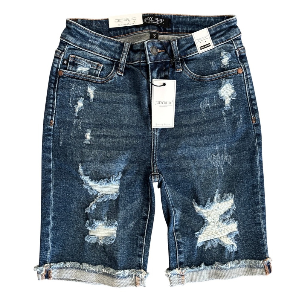NEW Judy Blue Womens Size S High Waist Bermuda Shorts Dark Wash Distressed Denim